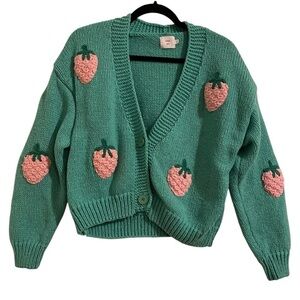 LUNA IVY Green Strawberry Knit Cardigan Sweater Size Small